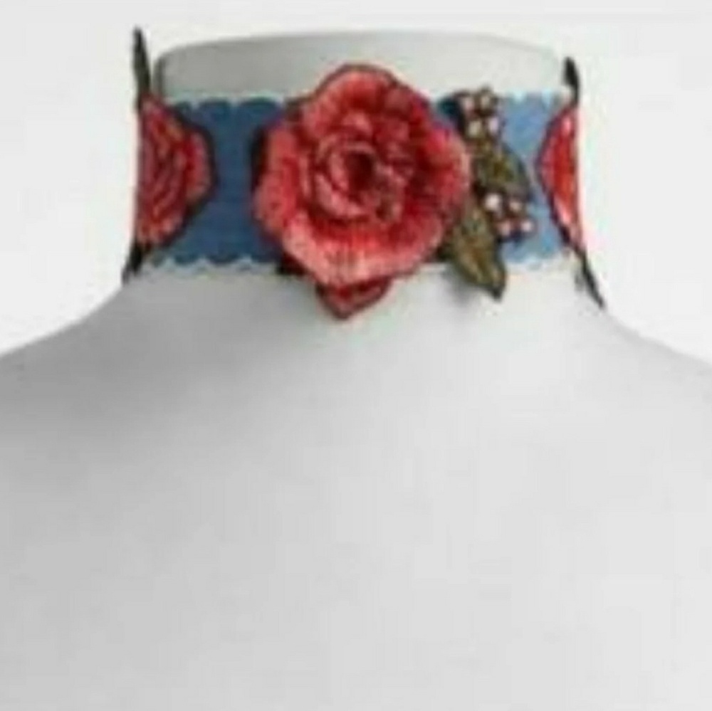 Denim peach rose choker necklace